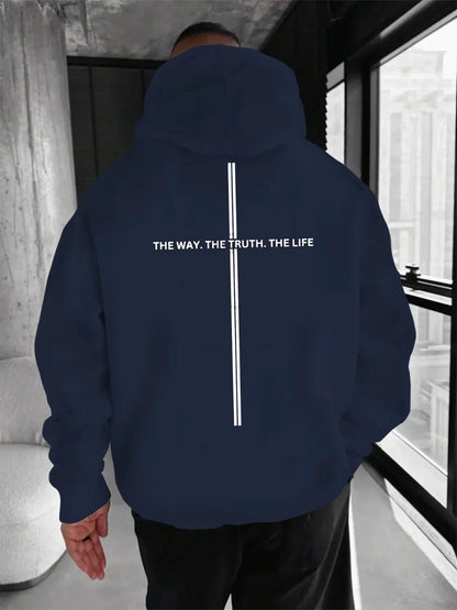 Men's Hoodie with "THE WAY. THE TRUTH. THE LIFE." Print and Stripe Design on the Back, Loose Fit