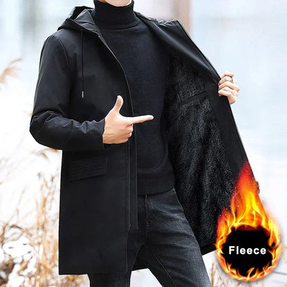 Herren Winterjacke mit Kapuze, schwarz, mittellang, Fleece-gefüttert