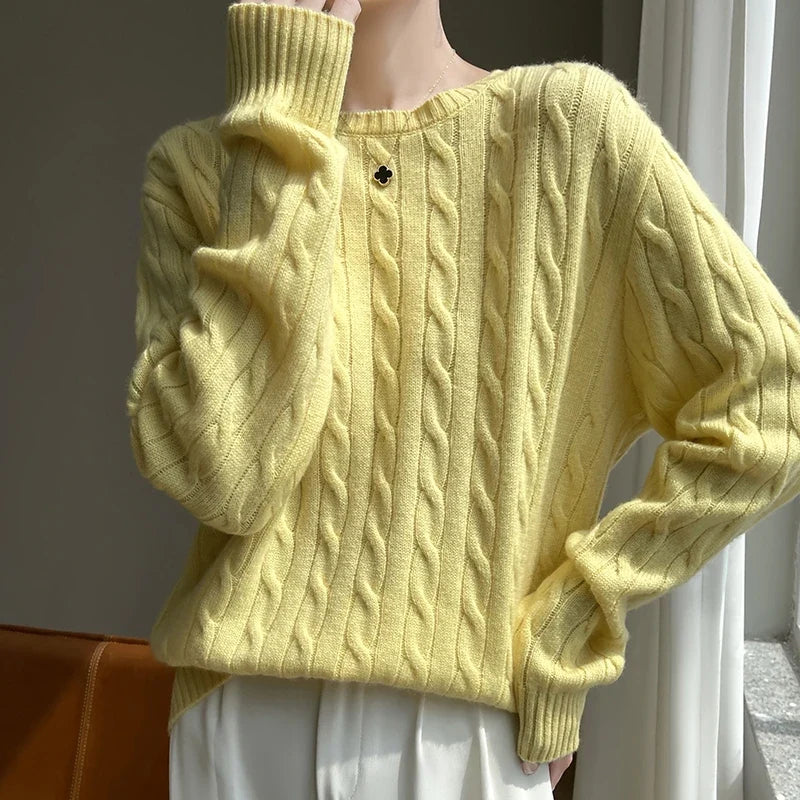 Damen Pullover Zopfmuster Rundhals Langarm Strickpullover