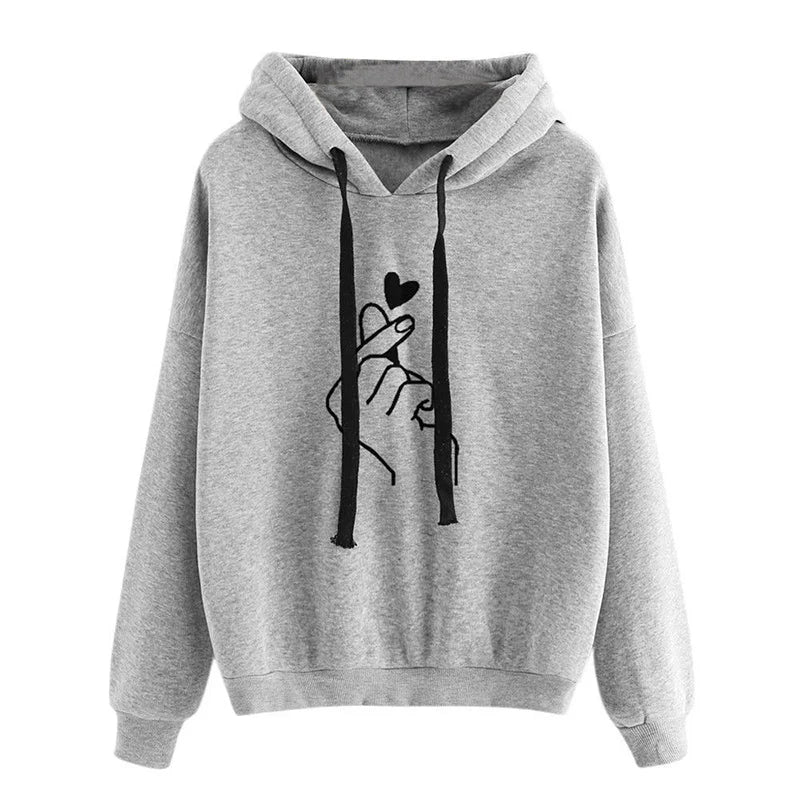 Women's hoodie with hood & drawstring, heart finger print, loose fit