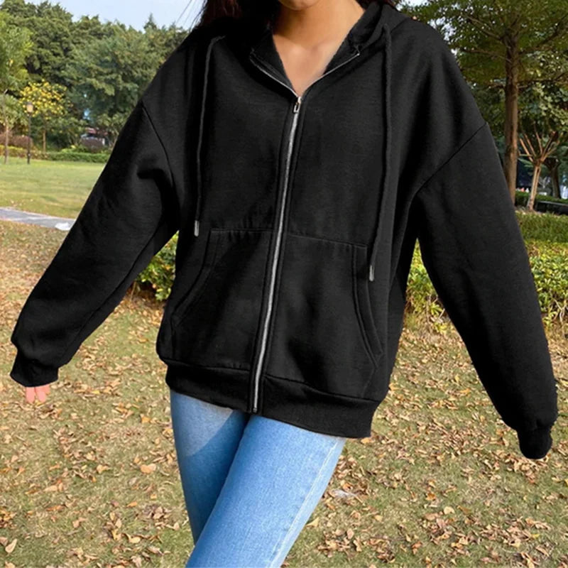 Women's Zip-Up Hoodie Jacket with Hood, Loose Fit