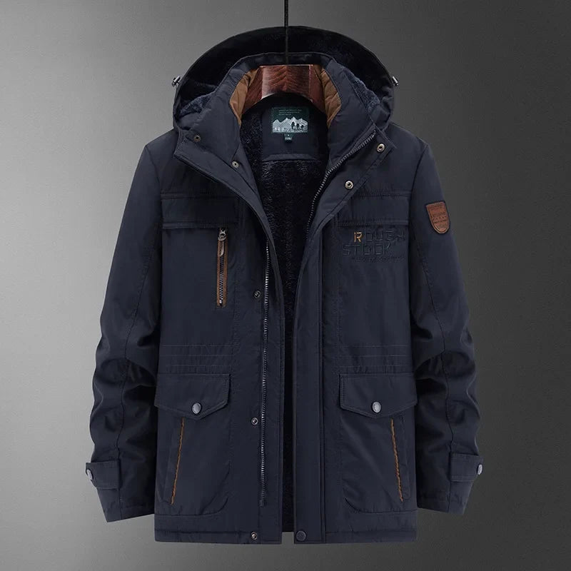 Men's winter jacket with hood, lined, with multiple pockets
