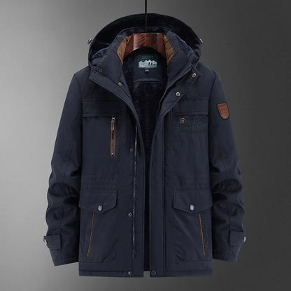 Men's winter jacket with hood, lined, with multiple pockets