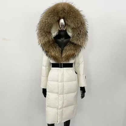 Women's long winter quilted coat with faux-fur hood and belt