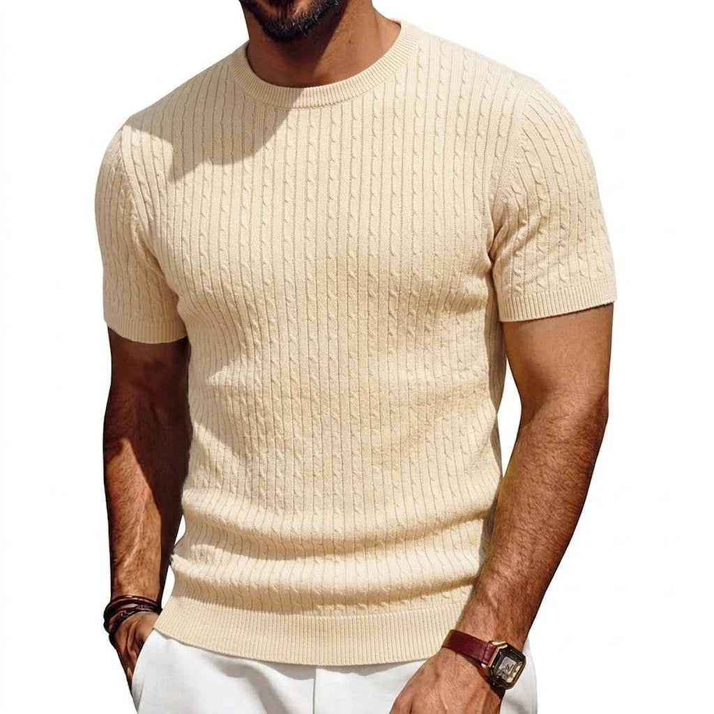 Men's short-sleeve knit pullover cable-knit pattern crew neck