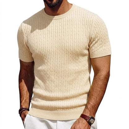 Men's short-sleeve knit pullover cable-knit pattern crew neck