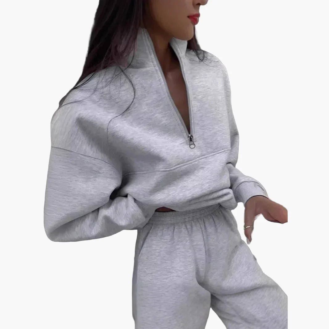 Women's Two-Piece Casual Tracksuit with Stand-Up Collar and Zipper – Casual Set for Everyday and Sports