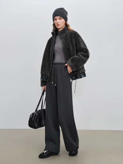 Women's teddy faux fur jacket with stand-up collar and zipper