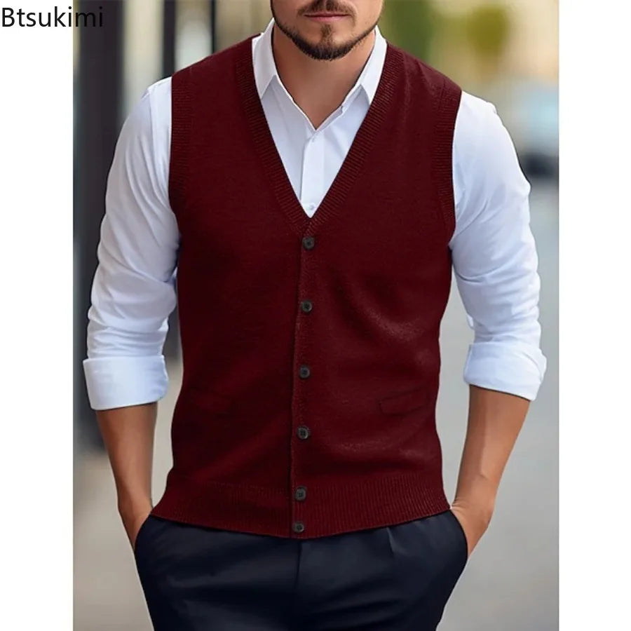 Men's knitted vest V-neck button placket