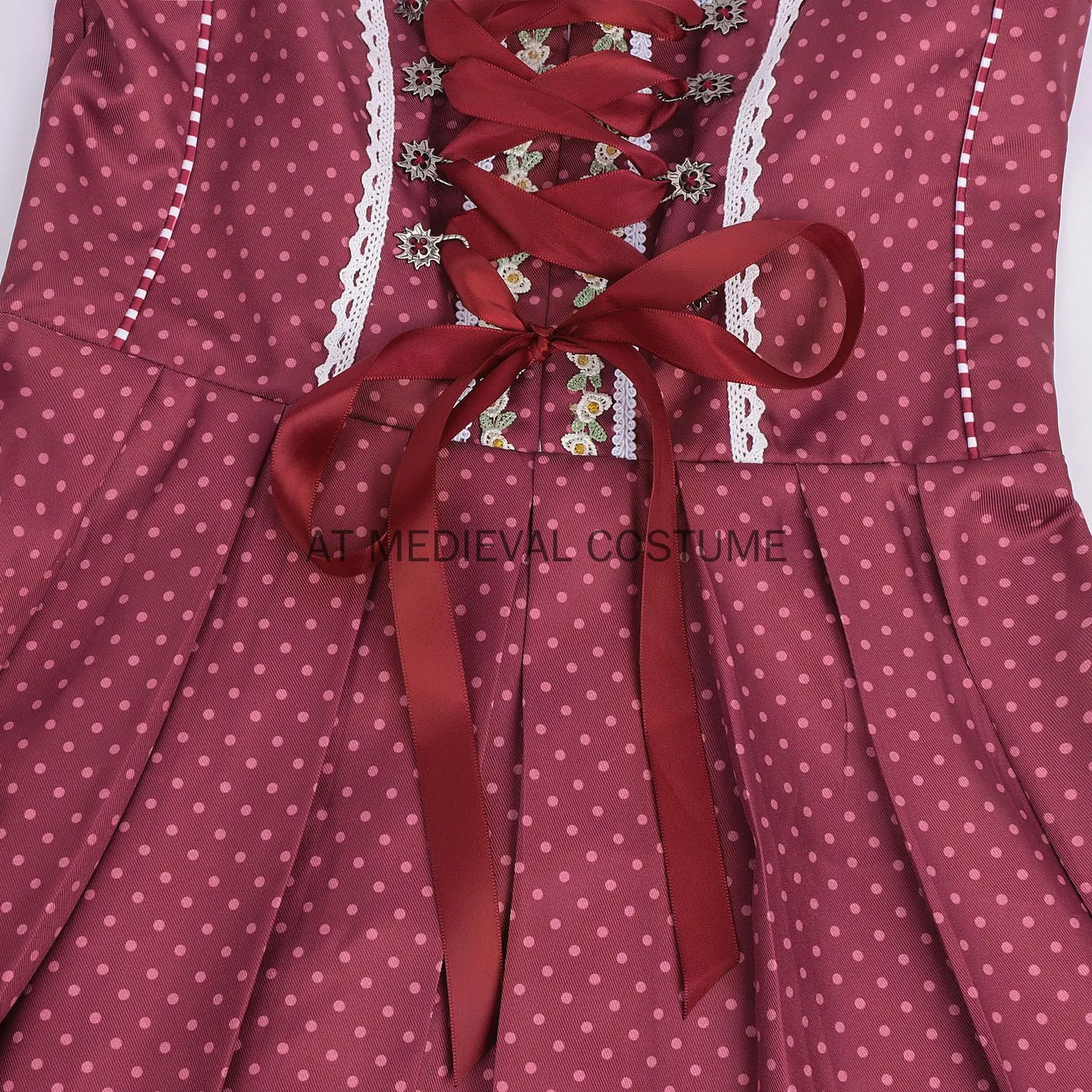 Damen Dirndl Midi Rot Gepunktet Kariert mit Bluse und Schürze