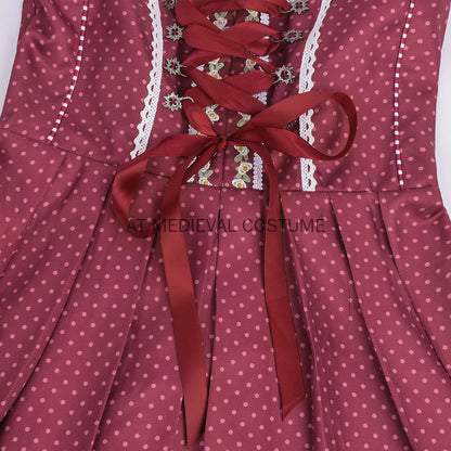 Damen Dirndl Midi Rot Gepunktet Kariert mit Bluse und Schürze