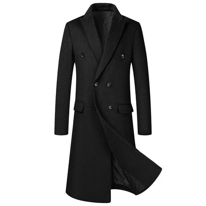 Men's long double-breasted slim-fit winter coat, wool-look, elegant