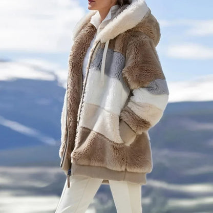 Damen Teddyfell Jacke mit Kapuze und Reißverschluss, mehrfarbig