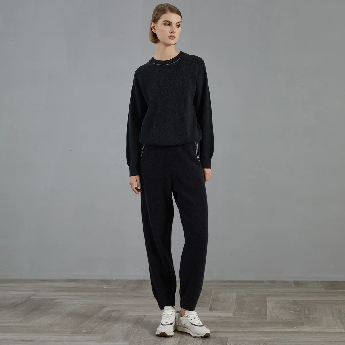 Women's ribbed crew-neck knit sweater