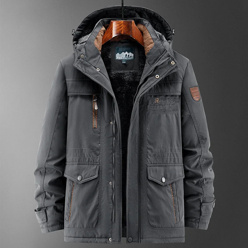 Men's winter jacket with hood, lined, with multiple pockets