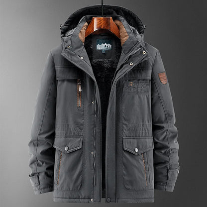 Men's winter jacket with hood, lined, with multiple pockets
