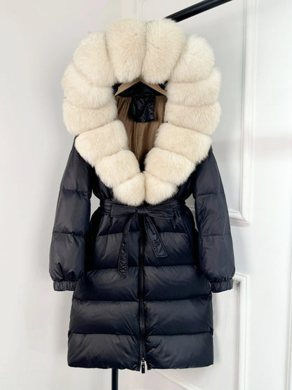 Women's black down coat with fur hood, long winter coat, belt, warm jacket