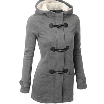 Damen Dufflecoat Schwarz mit Kapuze und Knebelverschlüssen, warm gefüttert