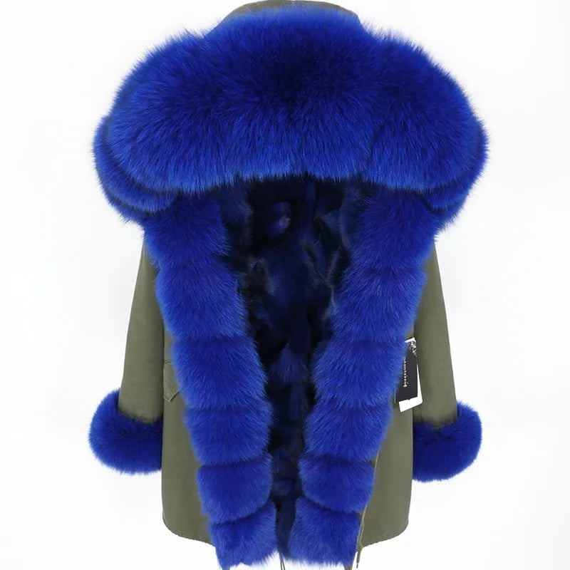 Women's winter parka with pink faux fur lining & hood