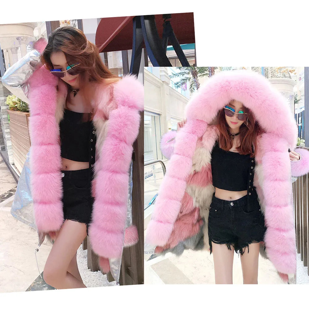 Women's winter parka with pink faux fur lining & hood