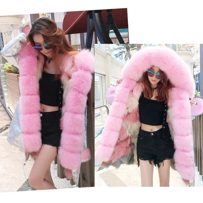 Women's winter parka with pink faux fur lining & hood