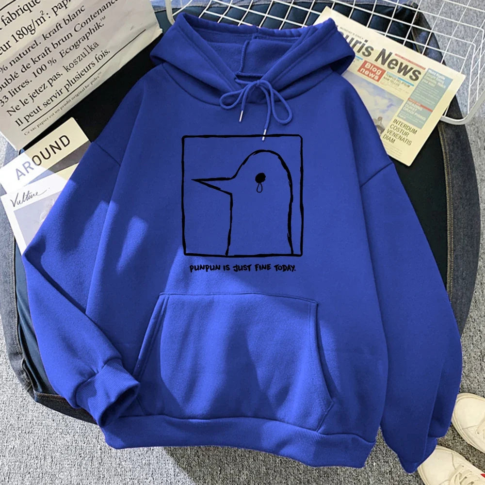 Hoodie or sweatshirt with cartoon bird motif, "Punpun is just fine today" print