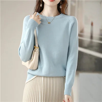Women's Crew-Neck Long-Sleeved Fine-Knit Basic Top