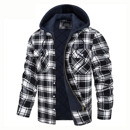 Men's plaid shirt jacket with hood, lined