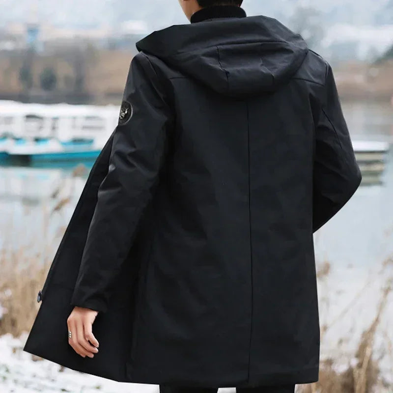 Herren Winterjacke mit Kapuze, schwarz, mittellang, Fleece-gefüttert