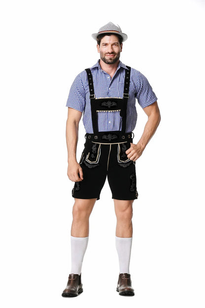 Men’s traditional outfit: lederhosen, shirt, hat, quilted details, various colors