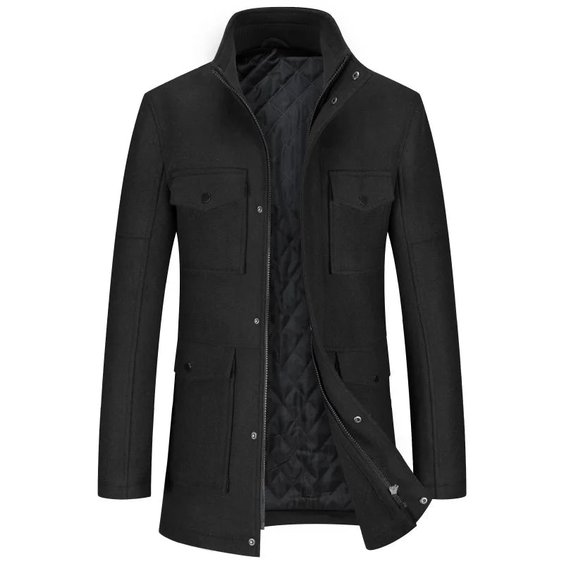 Men's wool jacket with stand-up collar, winter coat with zipper and buttons