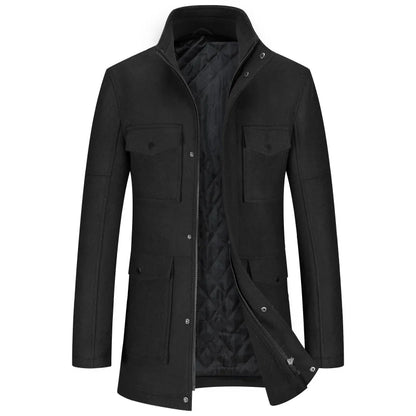 Men's wool jacket with stand-up collar, winter coat with zipper and buttons