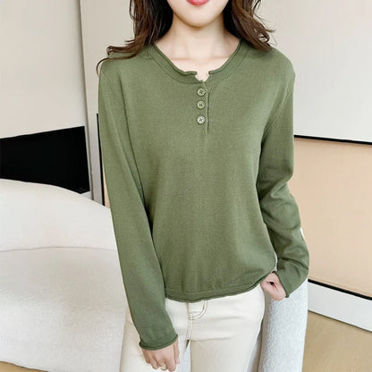 Women's Henley Shirt with Button Placket, Long Sleeves, Crew Neck, Fine Knit, Purple