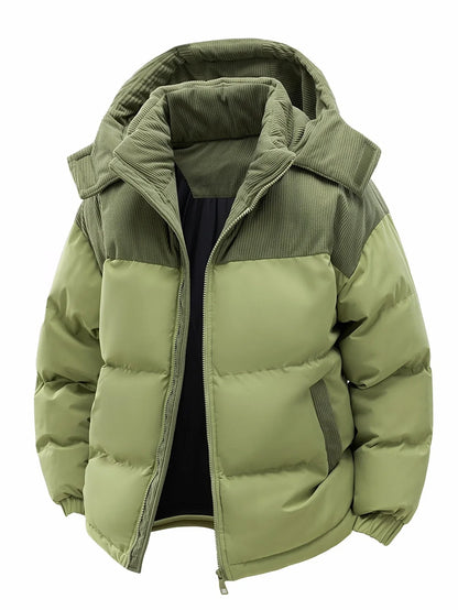 Unisex Winter Steppjacke mit Kapuze, gepolstert, Kord-Details