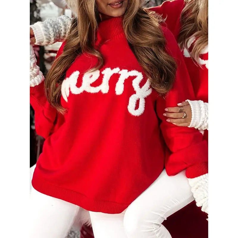 Women's red Christmas sweater with stand-up collar & "Merry" lettering, long sleeves