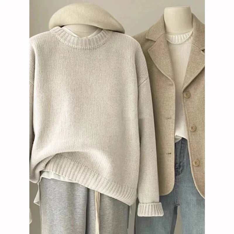 Ribbed crew-neck knit sweater, loose fit, multicolored
