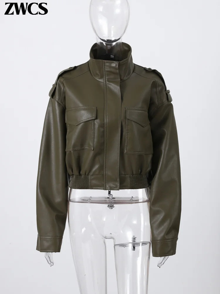 Women's short leather-look bomber jacket with stand-up collar