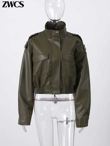 Women's short leather-look bomber jacket with stand-up collar