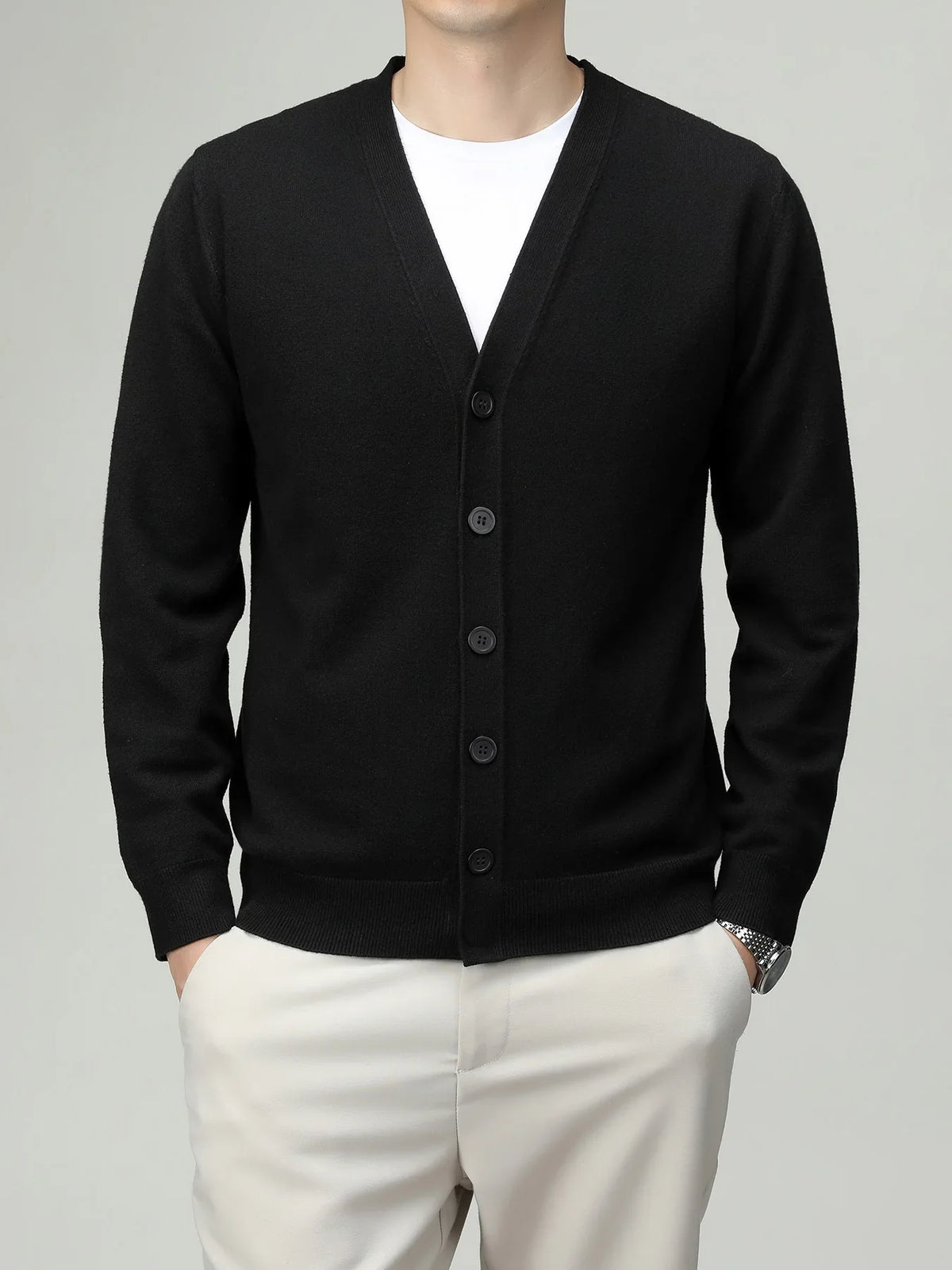 Men's V-neck cardigan with button placket, plain