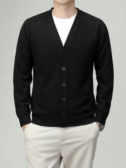 Men's V-neck cardigan with button placket, plain