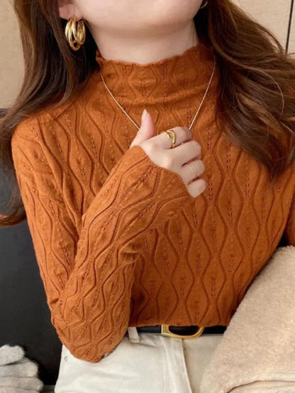 Women's stand-up collar long-sleeved fine-knit sweater with wave pattern