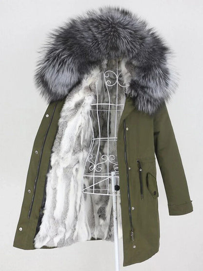 Women's winter parka with hood and fur trim, warm jacket, unisex