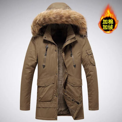Men's parka winter jacket with fur hood and pockets, khaki
