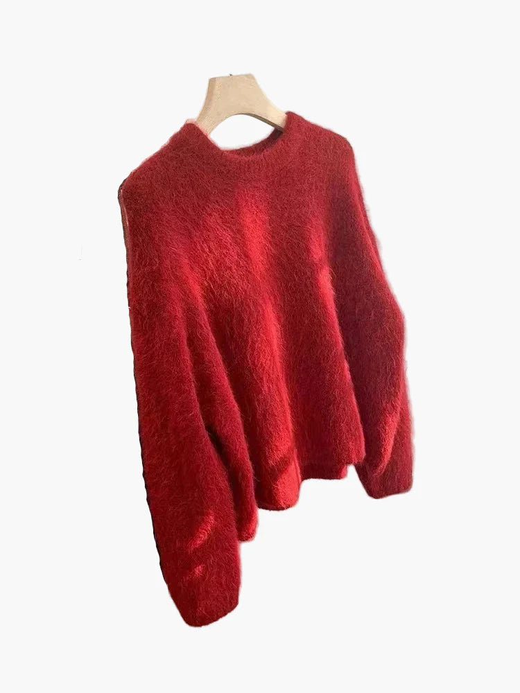 Damen Oversize Pullover mit Rundhalsausschnitt – Lässiger, flauschiger Strickpullover für Herbst und Winter
