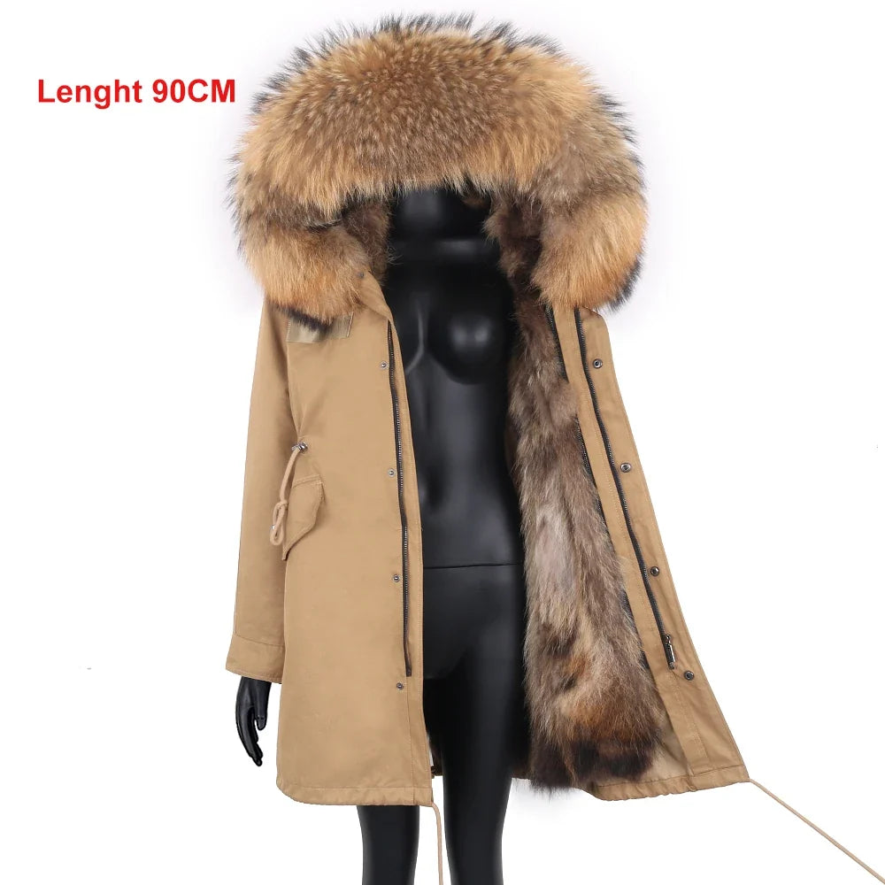 Long winter parka coat with hood and fur trim for women
