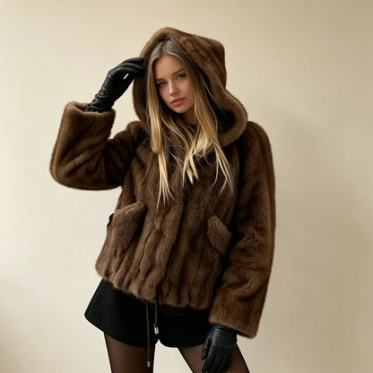 Short women's faux fur jacket with hood and zipper, dark brown