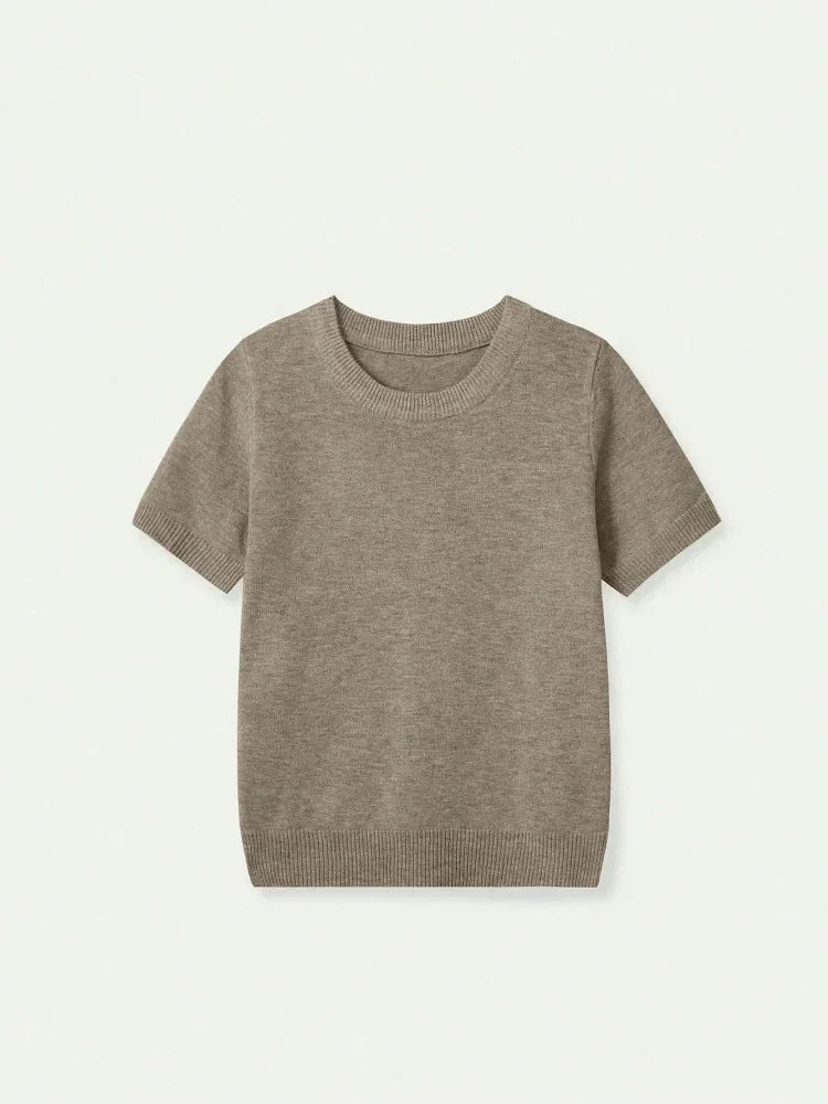 Women's beige short-sleeve knit top, crew neck, sweater