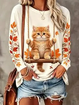 Langarmshirt Damen mit Katzenmotiv auf Schaukel & Herbstlaub Print, Rundhals Oberteil Beige