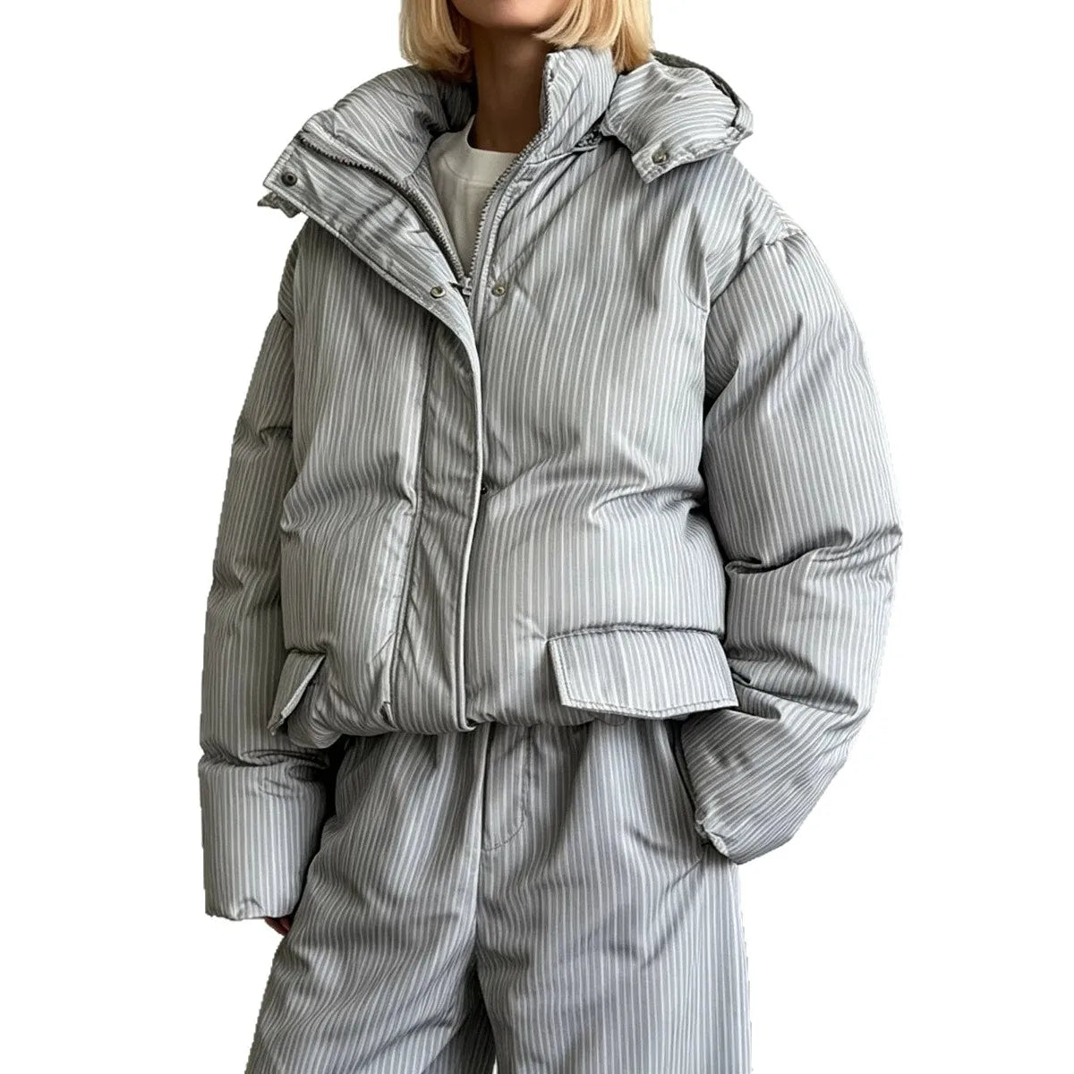 Striped quilted jacket with hood and matching trousers