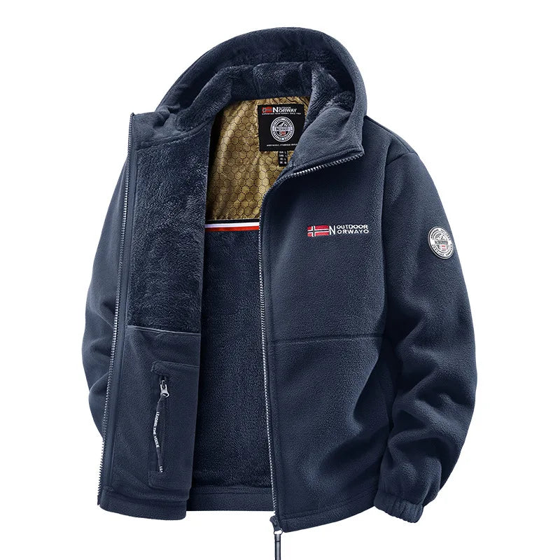 Men's lined fleece jacket with hood and zip closure